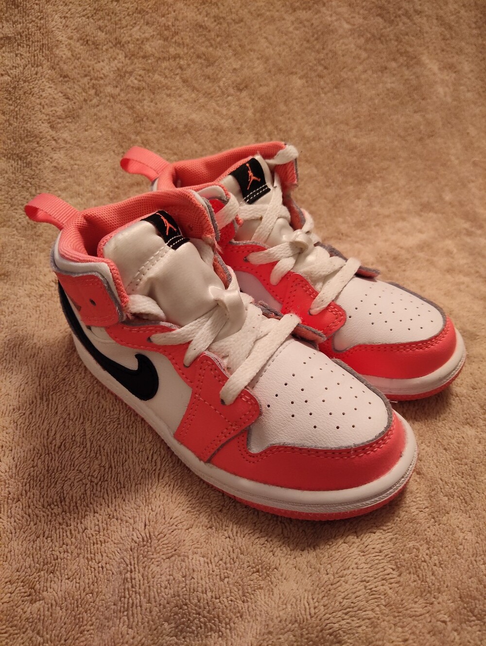 Nike Kids High-Top Basketball Sneakers - White & Coral with Black Swoosh